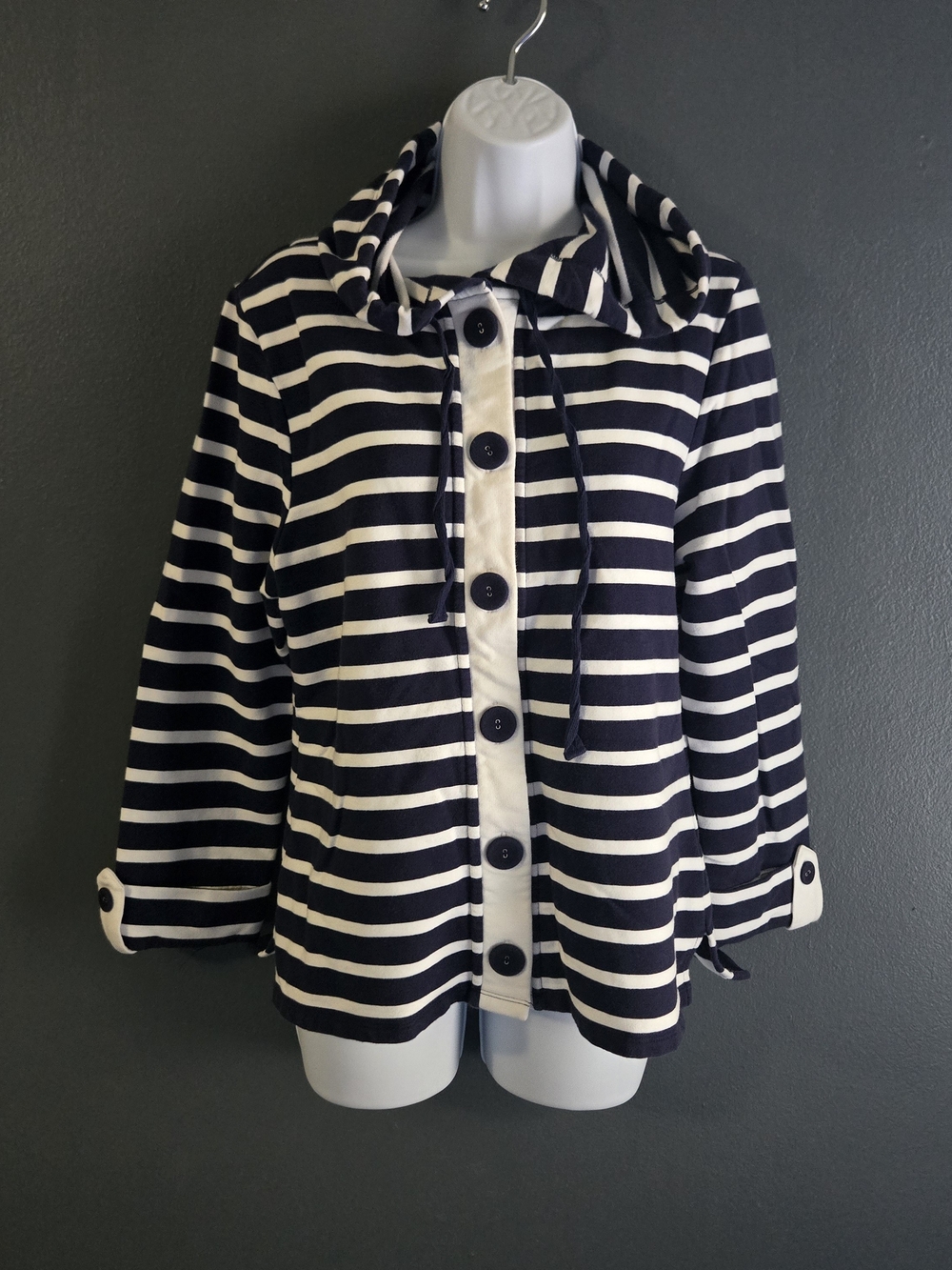 Coldwater Creek Vintage Striped Nautical Prep Hooded Button Sweater Jacket M